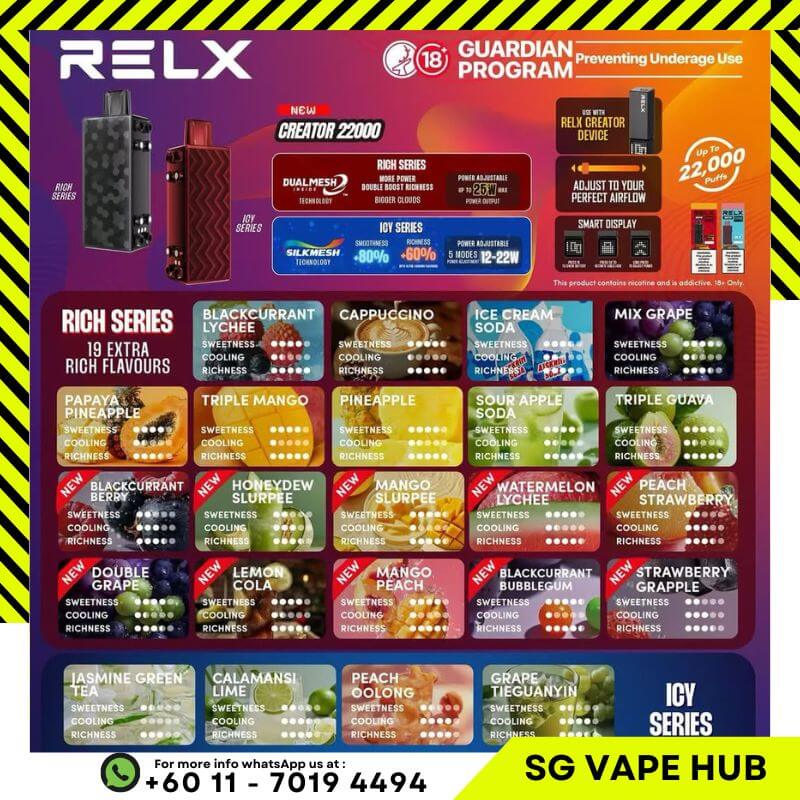 SGVape Relx Creator product display with various flavors and branding elements.