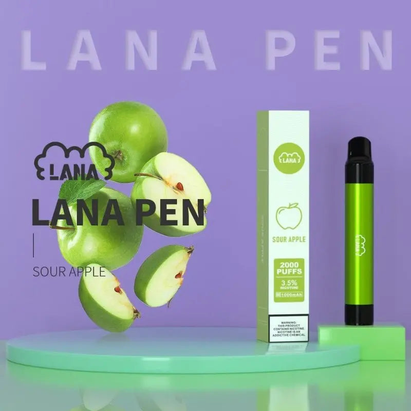 SGVape-Lana-Pen-2000-Puffs-Sour-Apple-flavor-on-a-purple-gradient-background-LANA