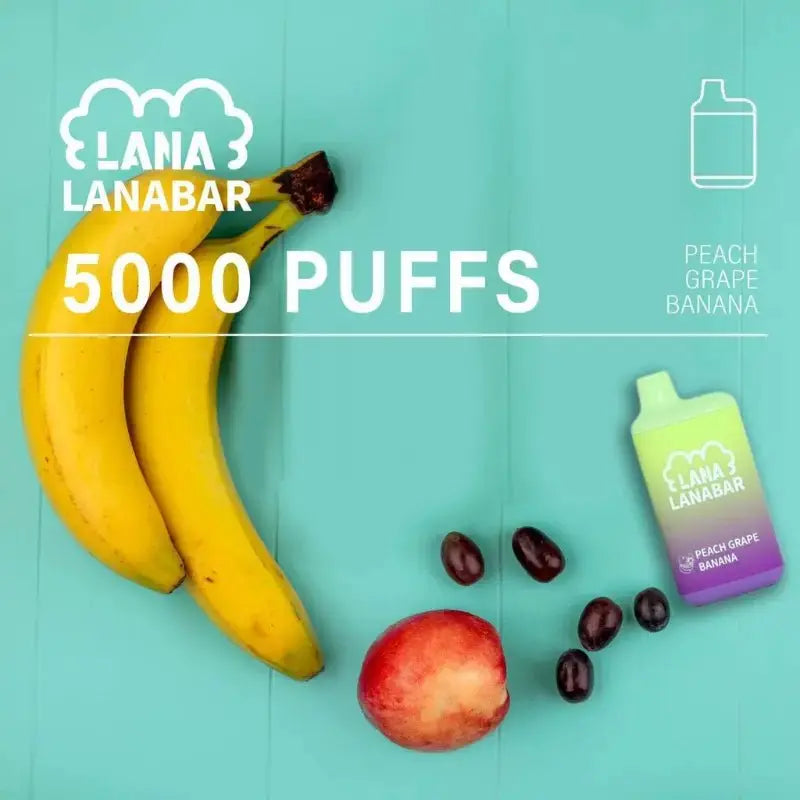 SGVape-Lana-Bar-5000-Puffs-Peach-Grape-Banana-Flavor-on-a-blue-gradient-background-LANA
